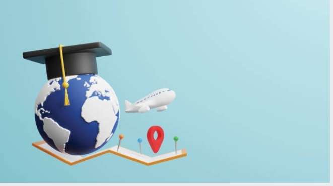 3D graphic of a globe with a graduation cap, an airplane, and a path marked with location pins, symbolizing studying abroad.