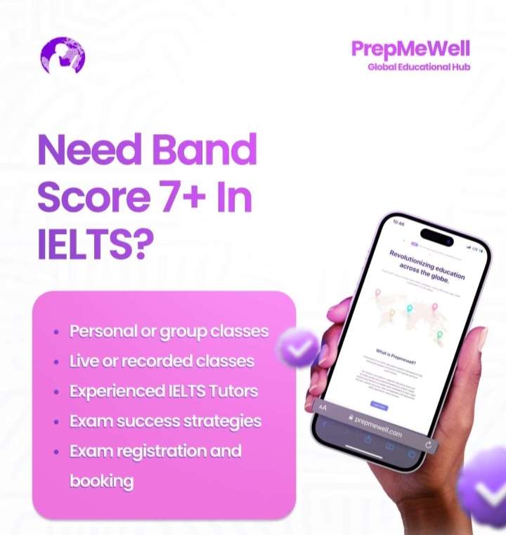 Flyer for PrepMeWell virtual IELTS classes with tutoring, live sessions, and exam booking.