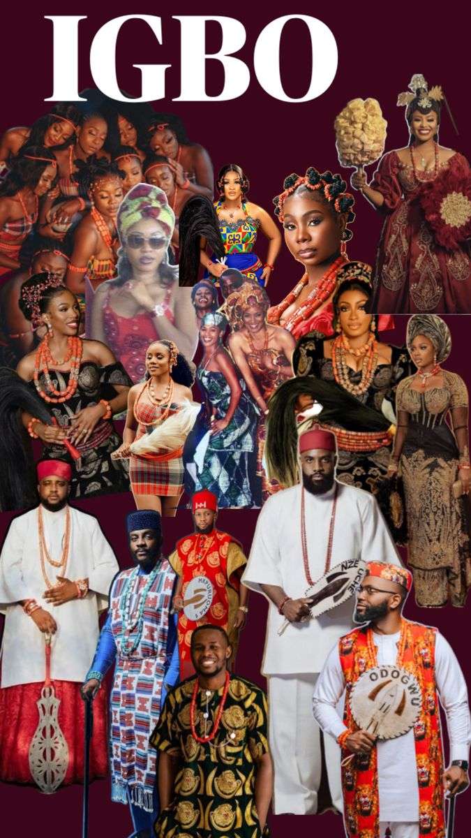 Collage of Igbo men and women dressed in traditional attire.