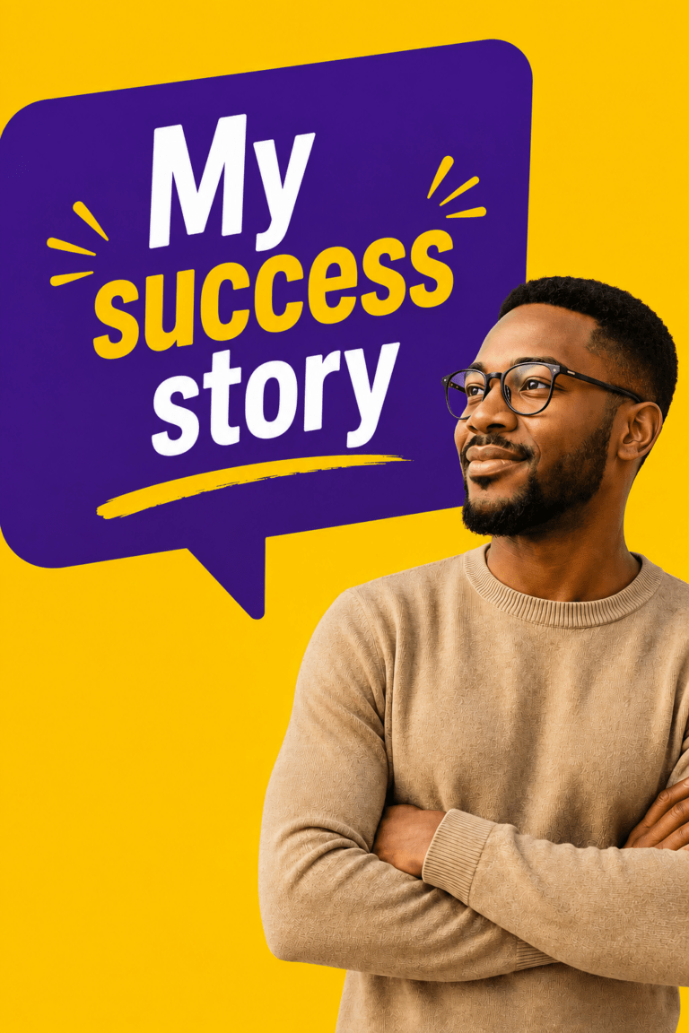 Young man on a yellow and purple graphic with “My success story” written beside him.