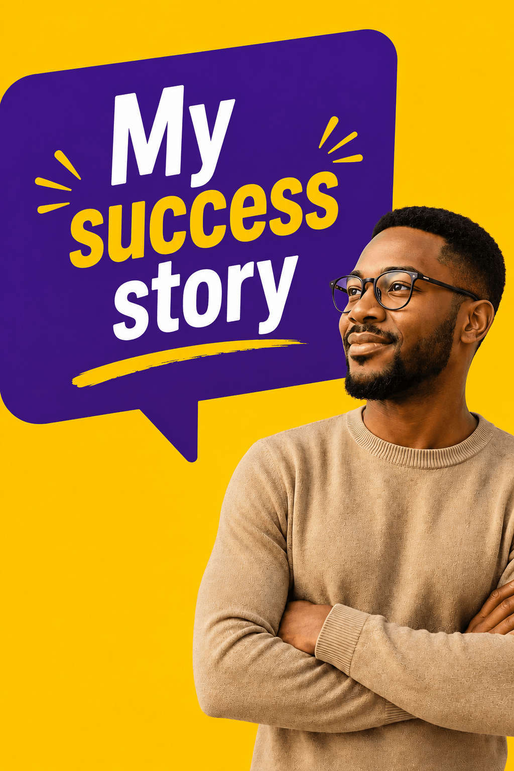 Young man on a yellow and purple graphic with “My success story” written beside him.