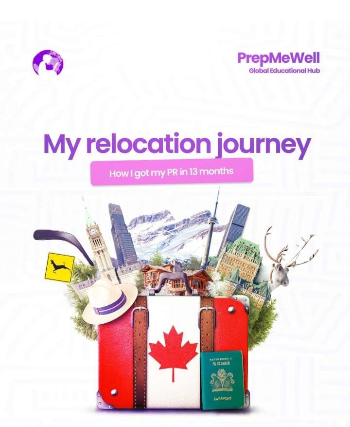 PrepMeWell promotional graphic titled "My relocation journey: How I got my PR in 13 months," featuring a suitcase with the Canadian flag, a Nigerian passport, and Canadian landmarks.