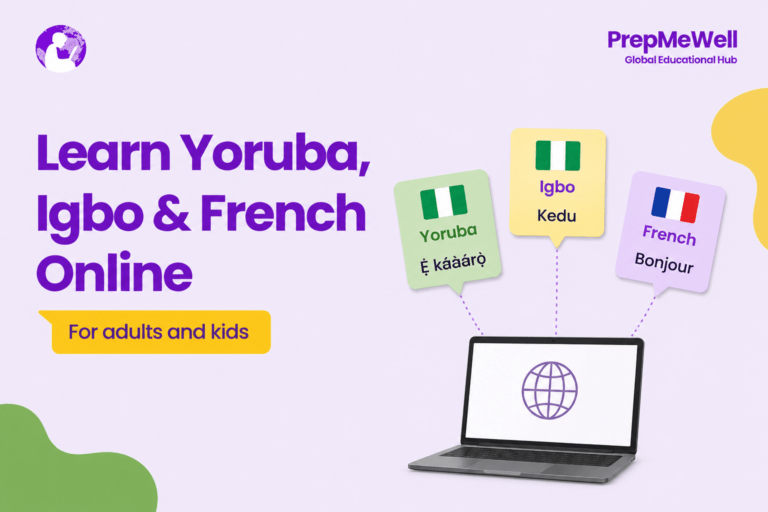Illustration of online Yoruba, Igbo, and French language classes.