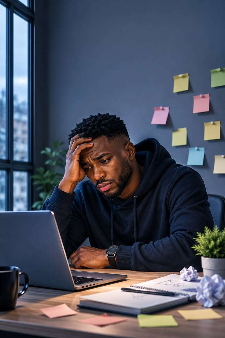 A man looking at his IELTS result with a sad expression